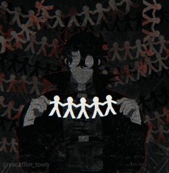 Rule 34 | 1boy, belt, black coat, black hair, blood on paper, coat, curtained hair, dark, dim lighting, faceless, glitch, hair between eyes, kirigami, male focus, omniscient reader&#039;s viewpoint, paper, popped collar, solo, spot color, upper body, vacation town, yoo joonghyuk