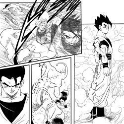 2boys black_eyes black_hair dragon_ball fighting happy majin_buu multiple_boys muscular muscular_male punching serious smile smug son_gohan spiked_hair toriyama_akira_(style) ultimate_gohan
