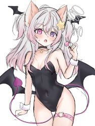1girl :o @_@ alternate_costume animal_ears annytf arm_at_side astrachan949 bare_arms bare_shoulders black_choker black_leotard black_wings blush candy choker clenched_hand collarbone covered_navel cowboy_shot demon_tail demon_wings food fox_ears fox_girl gradient_hair grey_hair groin hair_between_eyes hair_intakes hair_ornament hand_up hashtag-only_commentary head_wings heart heart_o-ring heterochromia highres holding holding_candy holding_food holding_lollipop indie_virtual_youtuber leotard lollipop long_hair looking_at_viewer low_wings multicolored_hair multiple_wings o-ring o-ring_thigh_strap open_mouth pink_eyes pink_hair purple_eyes purple_tail simple_background solo standing star_(symbol) star_hair_ornament streaked_hair sweatdrop tail tail_raised teeth thigh_gap thigh_strap thighs two-tone_hair unfinished upper_teeth_only virtual_youtuber white_background white_wrist_cuffs wings wrist_cuffs