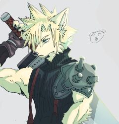 1boy armor axontatsu biceps black_shirt blonde_hair buster_sword claws closed_mouth cloud_strife commentary_request final_fantasy final_fantasy_vii fingerless_gloves furrification furry furry_male gloves highres holding holding_sword holding_weapon looking_down male_focus pauldrons shirt shoulder_armor single_pauldron suspenders sword sword_on_back weapon weapon_on_back yellow_fur