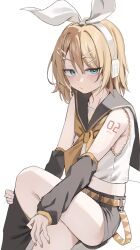 1girl absurdres aqua_eyes arm_warmers bare_shoulders black_shorts blonde_hair blush bow closed_mouth commentary crop_top from_side hair_bow hair_ornament hairclip headphones headset highres kagamine_rin looking_at_viewer navel neckerchief sailor_collar scarlet_(wv0102) shirt short_hair shorts simple_background sitting sleeveless sleeveless_shirt solo symbol-only_commentary vocaloid white_background white_bow yellow_neckerchief