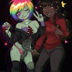 2girls blush breasts breasts_out cuts dark-skinned_female dark_skin guro highres injury looking_at_another multicolored_hair multiple_girls needle non-web_source off-shoulder_shirt off_shoulder one_eye_closed organs original panties prepare4surgery rainbow_hair scar sewing_needle shirt standing stitches underwear v wide_hips yuri zombie