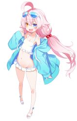 1girl absurdres ahoge bikini blue_archive blue_eyes eyewear_on_head fang frilled_bikini frills heterochromia highres hoshino_(blue_archive) hoshino_(swimsuit)_(blue_archive) long_hair low_twintails nada_haruka navel pink_hair sandals swimsuit twintails white_background white_bikini yellow_eyes