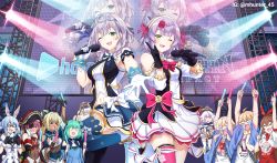 1boy 6+girls aether_(genshin_impact) amber_(genshin_impact) animal_ears bicorne blonde_hair blue_hair crossover eyepatch genshin_impact gloves glowstick hat highres hololive hololive_idol_uniform_(origin) houshou_marine idol idol_clothes instagram_username lumine_(genshin_impact) mhunter_45 multiple_girls name_connection noelle_(genshin_impact) paimon_(genshin_impact) pirate ponytail rabbit_ears rabbit_girl red_hair shiranui_flare shirogane_noel shirt stage stage_lights t-shirt trait_connection uruha_rushia usada_pekora usada_pekora_(1st_costume) virtual_youtuber yagoo