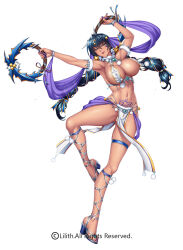 1girl black_hair blue_eyes body_writing breasts dancer female_focus full_body high_heel_sandals igawa_asagi kagami_hirotaka large_breasts lilith-soft long_hair looking_at_viewer merry_christmas nail_polish navel parted_lips pelvic_curtain purple_nails red_lips smile solo sweat taimanin_(series) taimanin_asagi taimanin_rpgx toenail_polish toenails toes