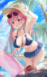 1girl absurdres bare_arms bare_shoulders bikini bikini_skirt blue_bikini blue_hair blush breasts cleavage colored_inner_hair crab eyewear_on_head hat highres hololive large_breasts long_hair looking_at_viewer minato_aqua mochiki_927 multicolored_hair navel open_mouth pink_hair purple_eyes solo stomach sun_hat sunglasses swim_ring swimsuit two-tone_hair yellow_hat