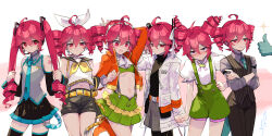 1girl a.i._voice adachi_rei adachi_rei_(cosplay) ahoge aqua_necktie aqua_trim arm_at_side arm_behind_back arm_tattoo ascot bare_shoulders belt black_leggings black_sailor_collar black_shirt black_skirt black_sleeves blush boots bow breast_pocket breasts brooch brown_pants buttons closed_mouth collared_shirt commentary_request cosplay cowboy_shot crossed_arms detached_sleeves double-breasted double-parted_bangs drill_hair flat_chest frilled_shirt frills frimomen_(voicepeak) frimomen_(voicepeak)_(cosplay) gem gloves green_shorts green_skirt green_suspenders green_tube_top grey_shirt gumi gumi_(cosplay) hair_between_eyes hair_bow hair_ornament hair_ribbon hairclip hand_on_own_hip hand_up hatsune_miku hatsune_miku_(cosplay) headlamp headset highres holding holding_own_hair jacket jewelry kagamine_rin kagamine_rin_(cosplay) kasane_teto kasane_teto_(sv) kasane_teto_(utau) leggings long_hair long_sleeves looking_at_viewer microphone midriff multiple_views navel neckerchief necktie number_tattoo open_clothes open_jacket open_mouth orange_belt orange_boots orange_jacket pants parallel_hairclips pinstripe_pattern pinstripe_vest pleated_skirt pocket puffy_short_sleeves puffy_shorts puffy_sleeves radio_antenna red_eyes red_gemstone red_hair ribbon sailor_collar shirt short_shorts short_sleeves shorts sidelocks simple_background skirt sleeveless sleeveless_shirt sleeves_pushed_up small_breasts smile strapless suspender_shorts suspender_skirt suspenders synthesizer_v tattoo thighhighs tie_clip torino_sasami tube_top twin_drills twintails underboob untucked_shirt utau vest vocaloid voicepeak voiceroid voicevox white_ascot white_bow white_gloves white_jacket white_ribbon white_shirt wide_sleeves yellow_belt yellow_neckerchief yellow_trim zettai_ryouiki zundamon zundamon_(cosplay)