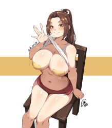 1girl arm_support artist_name bare_arms bare_legs bare_shoulders breasts brown_hair closed_mouth commentary dolphin_shorts feet_out_of_frame female_focus jk_arts large_breasts lifting_own_clothes long_hair looking_at_viewer navel no_bra on_chair orange_eyes pasties ponytail red_shorts shiranui_mai short_shorts shorts signature sitting smile solo street_fighter street_fighter_6 tank_top the_king_of_fighters thighs twitter_username watermark white_background white_tank_top wooden_chair yellow_pasties