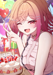 1girl absurdres akuame_(ring3922) balloon birthday_cake breasts cake english_text food gift happy_birthday heart_balloon highres hololive ichijou_ririka large_breasts looking_at_viewer one_eye_closed open_mouth pink_eyes pink_hair pink_shirt shirt smile star_balloon upper_body v virtual_youtuber