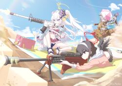 4girls absurdres aiming anti-materiel_rifle assault_rifle azusa_(blue_archive) azusa_(swimsuit)_(blue_archive) barrett_m82 beach bikini black_bikini black_hair black_wings blonde_hair blue_archive blunt_bangs closed_mouth eyewear_on_head feathered_wings flower goanchor gun hair_between_eyes hair_flower hair_ornament hairband halo hifumi_(blue_archive) hifumi_(swimsuit)_(blue_archive) highres holding holding_gun holding_umbrella holding_weapon jacket long_hair lying mashiro_(blue_archive) mashiro_(swimsuit)_(blue_archive) military_vehicle motor_vehicle multiple_girls ocean official_alternate_costume official_alternate_hairstyle on_stomach open_mouth pink_bikini pink_jacket pink_umbrella purple_flower red_halo rifle round_eyewear sandals sitting sniper_rifle sunglasses swimsuit tank tsurugi_(blue_archive) tsurugi_(swimsuit)_(blue_archive) twintails umbrella weapon white_bikini white_hair white_hairband wings yellow_halo