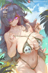 Rule 34 | 1girl, @ @, alternate costume, bags under eyes, beach, bikini, black bikini, blue hair, blue sky, breasts, bursting breasts, closed mouth, collarbone, cowboy shot, cutesexyrobutts, day, deep skin, dutch angle, glowing, glowing eyes, hair over one eye, hairband, hex maniac (pokemon), highres, huge breasts, large breasts, looking at viewer, micro bikini, nail polish, navel, navel piercing, nintendo, ocean, outdoors, palm tree, piercing, pokemon, pokemon xy, purple eyes, purple hair, skindentation, skull bikini, sky, solo, standing, string bikini, swimsuit, thong, tree, water, wavy mouth