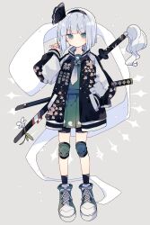 1girl absurdres bike_shorts black_hairband black_jacket black_ribbon black_socks blunt_bangs blunt_ends blush closed_mouth commentary floral_print flower full_body green_eyes green_shirt green_shoes green_skirt grey_background grey_hair grey_necktie hair_ribbon hairband hand_in_pocket hand_up highres jacket knee_guards knee_pads konpaku_youmu konpaku_youmu_(ghost) long_sleeves looking_at_viewer necktie nikorashi-ka open_clothes open_jacket pleated_skirt puffy_long_sleeves puffy_sleeves ribbon sheath shirt shoes short_hair simple_background skirt sneakers socks solo standing sword sword_on_back touhou v-shaped_eyebrows watermark weapon weapon_on_back white_flower white_necktie white_sleeves