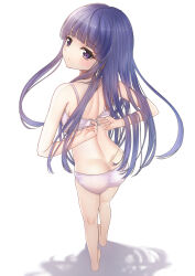 1girl 2023 20s ass bare_shoulders barefoot blue_hair blunt_bangs blush bra butt_crack eyebrows_hidden_by_hair from_behind full_body furude_rika highres higurashi_no_naku_koro_ni long_hair looking_at_viewer looking_back open_bra panties pink_bra pink_panties purple_eyes shadow shimao shoulder_blades sidelocks solo standing toes underwear undressing white_background