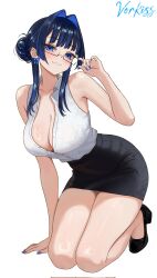 1girl adjusting_eyewear alternate_costume arm_support bare_legs black_shoes black_skirt blue_eyes blue_hair blue_nails bow bow_earrings breasts cleavage collared_shirt corrupted_twitter_file earrings hair_bun hair_intakes highres hololive hololive_english jewelry kneeling large_breasts light_blush long_hair looking_at_viewer office_lady ouro_kronii parted_lips partially_unbuttoned pencil_skirt rectangular_eyewear shirt shirt_tucked_in shoes signature simple_background skirt sleeveless sleeveless_shirt smile solo virtual_youtuber vorkiss white_background white_shirt wispy_bangs
