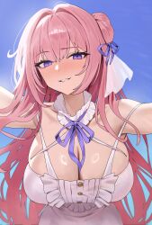 1girl absurdres bby blush braid breasts cleavage detached_sleeves dorothy_(nikke) dress frilled_dress frills goddess_of_victory:_nikke grin hair_bun hair_ribbon highres large_breasts long_hair looking_at_viewer pink_hair purple_eyes purple_ribbon reaching reaching_towards_viewer ribbon smile solo white_dress