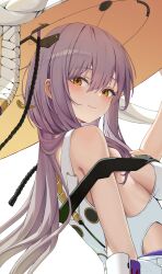 Rule 34 | 1girl, absurdres, breasts, goddess of victory: nikke, grey hair, hat, highres, jingasa, large hat, long hair, medium breasts, scarlet (nikke), shiny eyes, simple background, smile, solo, upper body, white background, xia 0328, yellow eyes