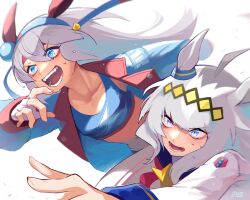 Rule 34 | 2girls, ahoge, animal ears, armband, artist name, blue eyes, blue hairband, blue jacket, blue sailor collar, blue shirt, brooch, commentary, cropped shirt, ear covers, ear ornament, fingerless gloves, frown, gloves, grey hair, hair ornament, hairband, headband, highres, horse ears, horse girl, jacket, jewelry, lightning bolt symbol, long hair, long sleeves, looking to the side, marutsubo, midriff, multiple girls, neckerchief, oguri cap (umamusume), open clothes, open jacket, open mouth, red headband, red neckerchief, running, sailor collar, shirt, sleeveless, sleeveless shirt, smile, star brooch, sweat, tamamo cross (umamusume), umamusume, white background, white gloves, white shirt