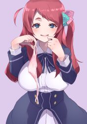 1girl :d blue_bow blue_bowtie blue_eyes blush bow bowtie breasts coveredcore hair_ribbon hands_up highres holding holding_panties holding_underwear holding_unworn_clothes large_breasts long_hair looking_at_viewer minamoto_sakura naughty_face one_side_up open_mouth panties pink_panties polka_dot polka_dot_ribbon purple_background red_hair ribbon school_uniform serafuku shirt side_ahoge simple_background smile solo underwear very_long_hair white_shirt zombie_land_saga