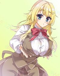 Rule 34 | 1girl, alternate breast size, blonde hair, blue eyes, blunt bangs, blush, bow, bowtie, breasts, brown skirt, brown vest, button gap, buttons, closed mouth, commentary request, cowboy shot, double-breasted, dutch angle, eyelashes, fuyukichi (nikoniko1567), grabbing own breast, green background, hair intakes, hair ornament, hairclip, highres, huge breasts, limelight lemonade jam, long hair, long sleeves, looking at viewer, parallel hairclips, plaid clothes, plaid skirt, red bow, red bowtie, school uniform, shimakoshi tsukimi, shirt, simple background, skirt, solo, spiked hair, thick eyebrows, twitter username, vest, watermark, white shirt