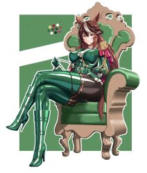 1girl adapted_costume aiguillette animal_ears ascot black_pantyhose boots breasts brown_hair cape chair closed_mouth color_guide crossed_legs earrings epaulettes frills full_body gloves gold_trim green_background green_jacket hair_between_eyes high_heel_boots high_heels highres holding holding_riding_crop holding_whip horse_ears horse_girl horse_tail jacket jewelry large_breasts long_hair long_sleeves looking_at_viewer multicolored_hair pantyhose patent_boots patent_heels purple_eyes riding_crop single_earring single_epaulette sitting smile solo stiletto_boots stiletto_heels streaked_hair symboli_rudolf_(umamusume) tail thigh_boots thighhighs throne tomahawk_(nagarebosi8492) umamusume very_long_hair whip white_hair