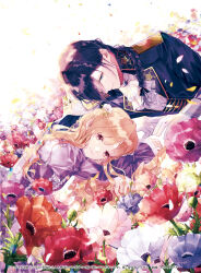 Rule 34 | 1boy, 1girl, anemone (flower), ascot, batsu 3 no mitori fujin to yoba rete imasunode suteoite kudasaimase, black hair, black jacket, blonde hair, blue eyes, braid, brooch, center frills, closed mouth, collared jacket, copyright notice, cover, cover page, cuff links, dress, falling petals, field, flower, flower field, frilled sleeves, frills, gloves, hair flower, hair ornament, hair over one eye, hair over shoulder, hair ribbon, head on arm, jacket, jewelry, juliet sleeves, lapels, long hair, long sleeves, looking at viewer, looking to the side, lying, manga cover, official art, on stomach, orange flower, petals, pink flower, puffy sleeves, purple dress, purple eyes, purple flower, red flower, ribbon, seikai meguru, shirt, sideways glance, single braid, sleeve cuffs, swept bangs, upper body, wavy hair, white ascot, white background, white flower, white gloves, white shirt