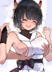 1boy 1girl ^_^ black_gloves black_hair blue_archive breasts bridal_gauntlets closed_eyes commentary_request demon_girl demon_horns earrings gloves grabbing_another&#039;s_breast grabbing_from_behind groping hetero highres horns jewelry kyuu_(plastic_night_q) large_breasts niya_(blue_archive) open_mouth short_hair sideless_outfit single_glove upper_body