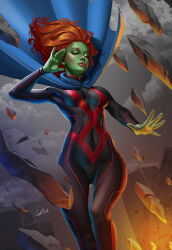 1girl alien black_bodysuit blue_cape bodysuit breasts brown_hair cape colored_skin dc_comics douglas_bicalho green_skin highres long_hair medium_breasts miss_martian red_bodysuit rock signature solo superhero_costume telekinesis two-tone_bodysuit young_justice