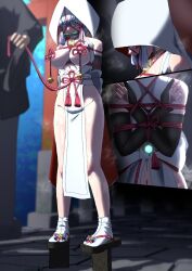 1girl arms_behind_back ayaka_(genshin_impact) bare_shoulders bit_gag bound bound_arms breasts elbow_gloves full_body gag gag_harness gagged genshin_impact geta gloves highres hood japanese_slipper large_breasts leash saliva shibari shibari_over_clothes standing tengu-geta white_blindfold zetsu_red