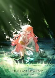 2girls absurdres black_shoes closed_eyes closed_mouth cloudy_(wuthering_waves) commentary dress encore&#039;s_mother_(wuthering_waves) encore_(wuthering_waves) english_commentary english_text highres lewdlily66 long_hair mother_and_daughter multiple_girls open_mouth outdoors pink_hair shoes smile white_dress wuthering_waves