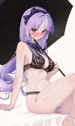 1girl absurdres arm_support artist_name black_bra black_panties blush bow bowtie bra breasts closed_mouth commentary english_commentary from_side hairband highres holding holding_umbrella kana_yukino lace lace-trimmed_bra lace-trimmed_panties lace_trim large_breasts long_hair long_pointy_ears looking_at_viewer mole mole_under_eye multicolored_hair navel paid_reward_available panties pointy_ears purple_bow purple_bowtie purple_hair purple_hairband red_eyes shiny_skin simple_background sitting slit_pupils solo stomach streaked_hair sweat thighs umbrella umbrella_over_shoulder underwear underwear_only very_long_hair vivian_(zenless_zone_zero) white_background white_hair zenless_zone_zero