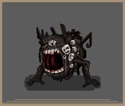 baeloe border gears grey_background lobotomy_corporation looking_at_viewer monster mountain_of_smiling_bodies multiple_faces open_mouth pixel_art project_moon teeth yellow_border