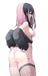 Rule 34 | 1girl, adapted costume, alternate color, artist request, ass, back, bikini, black hair, breasts, character request, eeranee lingerie, fingernails, fishnets, garter straps, highres, huge ass, jacket, long hair, looking back, medium breasts, multicolored hair, o-ring, pink hair, red eyes, sharp fingernails, swimsuit, two-tone hair, undressing, white background