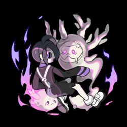 1boy ahoge allister_(pokemon) black_background black_hair commentary cursola evolutionary_line galarian_corsola galarian_form gen_8_pokemon highres long_sleeves looking_back male_focus mask nintendo pokemon pokemon_(creature) pokemon_swsh purple_eyes shirt shoes short_hair shorts side_slit side_slit_shorts sleeves_past_fingers sleeves_past_wrists socks suspender_shorts suspenders symbol-only_commentary uou_sleep white_shoes white_socks