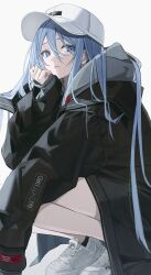 Rule 34 | 1girl, absurdres, alternate costume, bare legs, baseball cap, black jacket, black socks, blue eyes, blue hair, clenched hand, closed mouth, cropped, full body, grey background, grey hoodie, hair between eyes, hair spread out, hand on own chin, hat, head rest, highres, hood, hood down, hoodie, jacket, jacket over hoodie, limited palette, long hair, long sleeves, looking at viewer, nes 402, pinching sleeves, project sekai, shoes, simple background, sleeves past fingers, sleeves past wrists, sneakers, socks, solo, squatting, text print, very long hair, white hat, white shoes, yoisaki kanade