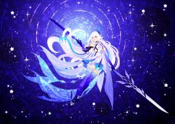 1girl bare_shoulders closed_mouth commentary dress english_commentary ffluvy full_body genshin_impact hair_between_eyes hand_up highres holding holding_behind_back long_hair prosthesis red_eyes skirk_(genshin_impact) sleeveless sleeveless_dress solo star_(sky) starry_sky_background very_long_hair white_hair