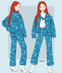 1girl boots commentary denim denim_jacket earrings english_commentary full_body gfriend high_heel_boots high_heels highres jacket jewelry long_hair looking_at_viewer looking_back multiple_views pey_gf real_life red_hair red_lips shirt sinb_(gfriend) solo twitter_username white_boots white_shirt