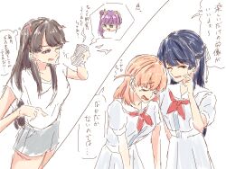 Rule 34 | 4girls, blue hair, braid, breasts, brown hair, commentary request, dress, freshfish, fujishima megumi, green eyes, grey skirt, hair bun, half up braid, half updo, hand up, hasu no sora school uniform, highres, hinoshita kaho, holding, holding phone, link! like! love live!, long hair, love live!, medium breasts, medium hair, miniskirt, multiple girls, murano sayaka, neckerchief, open mouth, orange hair, otomune kozue, phone, puffy short sleeves, puffy sleeves, purple eyes, purple hair, red neckerchief, sailor collar, sailor dress, school uniform, shirt, short sleeves, side ponytail, sidelocks, simple background, single side bun, skirt, speech bubble, spoken character, summer uniform, t-shirt, thought bubble, virtual youtuber, white background, white dress, white sailor collar, white shirt