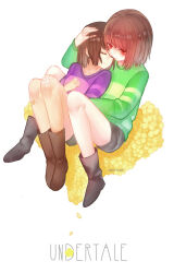 1girl 1other ankle_boots bandaid bandaid_on_leg bare_legs between_legs black_boots bob_cut boots breasts brown_boots brown_hair chara_(undertale) closed_eyes closed_mouth collarbone commentary copyright_name crying dayuh english_commentary facing_another flower frisk_(undertale) full_body gauze_on_knee genderswap genderswap_(otf) green_sweater grey_shorts hand_on_another&#039;s_head knees_up long_sleeves looking_at_another other_with_female pink_sweater purple_sweater red_eyes short_hair short_shorts shorts simple_background sitting small_breasts striped_clothes striped_sweater sweater swept_bangs two-tone_sweater u_u undertale white_background yellow_flower