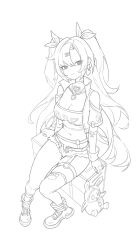 1girl absurdres ankle_boots arm_warmers asymmetrical_legwear bangboo_(zenless_zone_zero) bare_shoulders boots bow box breasts cleavage closed_mouth clothing_cutout earrings full_body greyscale hair_bow heart heart_earrings highres jacket jewelry large_breasts lineart looking_at_viewer mole mole_on_breast mole_on_thigh mole_under_eye monochrome nicole_demara o-ring o-ring_thigh_strap on_box open_clothes open_jacket sanzio76 short_shorts short_sleeves shorts shoulder_cutout single_sock single_thighhigh sitting smile socks solo strapless thigh_strap thighhighs torn_clothes torn_thighhighs tube_top two_side_up uneven_legwear white_background zenless_zone_zero