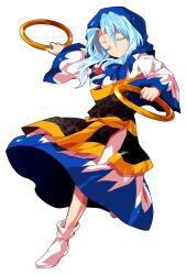 1girl alphes_(style) arm_up blue_hair blue_hood clenched_hands closed_eyes closed_mouth commentary_request dairi dress full_body hands_up holding holding_hoop hood hood_up hoop jewelry kesa kumoi_ichirin large_variant_set long_hair long_sleeves looking_at_viewer multicolored_dress necklace parody pendant socks solo standing style_parody tachi-e touhou transparent_background variant_set wide_sleeves