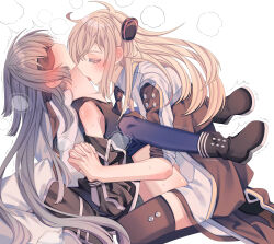 2girls absurdres between_legs black_boots black_jacket black_tank_top black_thighhighs blindfold blonde_hair blue_thighhighs blush boots breath closed_eyes commentary_request ear_blush emptyayya grey_hair grey_jacket highres holding_hands interlocked_fingers jacket licking licking_another&#039;s_neck long_hair multiple_girls shoulder_blush sky_striker_ace_-_raye sky_striker_ace_-_roze sweat tank_top thighhighs trembling yu-gi-oh! yuri