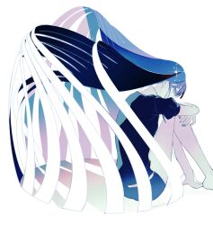 1other absurdly_long_hair androgynous bare_legs barefoot black_hair black_shorts blue_eyes blue_hair blue_nails commentary crossed_arms curled_up floating_hair from_side full_body gem_uniform_(houseki_no_kuni) glint highres houseki_no_kuni lapis_lazuli_(houseki_no_kuni) long_hair looking_at_viewer looking_to_the_side mt5_014 multicolored_hair nail_polish other_focus shadow shirt short_shorts short_sleeves shorts sitting solo very_long_hair white_background white_hair