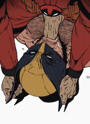 2boys bara beard belt bodysuit bonjourdraws chest_hair commentary cum cum_in_mouth deadpool deadpool_&amp;_wolverine english_commentary erection facial_hair fellatio hairy highres male_focus marvel marvel_cinematic_universe mask mature_male multiple_boys muscular muscular_male open_fly oral pectorals penis red_bodysuit simple_background superhero_costume testicles two-tone_bodysuit white_background wolverine_(x-men) x-men yaoi