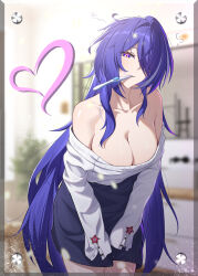 Rule 34 | 1girl, absurdres, acheron (honkai: star rail), bare shoulders, binghaiankang, black skirt, blurry, blurry background, breasts, cleavage, collarbone, commentary request, hair intakes, hair over one eye, head tilt, heart, highres, honkai: star rail, honkai (series), indoors, large breasts, leaning forward, long sleeves, miniskirt, mouth hold, off-shoulder shirt, off shoulder, purple eyes, purple hair, shirt, skirt, solo, toothbrush, toothbrush in mouth, white shirt