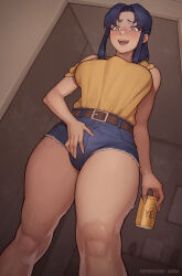 1girl asura_(asurauser) bare_arms bare_shoulders beer_can belt belt_buckle blush breasts brown_belt buckle bulge can cutoffs denim denim_shorts drink_can dutch_angle feet_out_of_frame fingernails from_below futanari heart heart-shaped_pupils highres holding holding_can indoors katsuragi_misato long_fingernails long_hair looking_down naughty_face neon_genesis_evangelion nose_blush off_shoulder open_mouth parted_bangs patreon_username purple_hair shirt shirt_tucked_in short_shorts shorts sidelocks sleeves_rolled_up smile solo standing sweat symbol-shaped_pupils teeth thick_thighs thighs upper_teeth_only watermark yebisu yellow_shirt