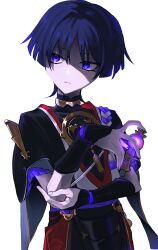 Rule 34 | 1boy, armor, black hair, black kimono, black sleeves, blunt ends, closed mouth, covered collarbone, curled fingers, fingernails, frilled sleeves, frills, genshin impact, gnosis (genshin impact), gold, hair intakes, hand on own elbow, highres, holding, japanese armor, japanese clothes, jewelry, juban, kimono, kote, kurokote, l2 hh7, layered sleeves, looking to the side, male focus, mandarin collar, mitsudomoe (shape), neck ring, o-ring, open clothes, open kimono, pale skin, partially shaded face, purple eyes, purple rope, purple sash, purple sleeves, red kimono, red sash, rope, sash, scaramouche (genshin impact), shimenawa, short sleeves, single sode, solo, tassel, tomoe (symbol), tsurime, upper body, white background, white kimono, white rope, wispy bangs