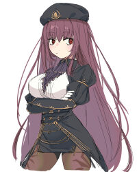 Rule 34 | 1girl, ascot, black hat, black skirt, breasts, brown pantyhose, closed mouth, crossed arms, fate/grand order, fate (series), hat, highres, juliet sleeves, kaigan0211, large breasts, long hair, long sleeves, official alternate costume, pantyhose, puffy sleeves, purple ascot, purple hair, red eyes, scathach (fate), simple background, skirt, solo, very long hair, white background