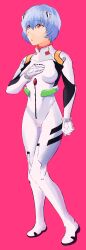 1girl absurdres ayanami_rei blue_hair bodysuit bracelet breasts hand_on_own_chest highres interface_headset_(evangelion) jewelry mecha_pilot_suit medium_breasts neon_genesis_evangelion plugsuit_(evangelion) radabacaxi red_background red_eyes short_hair simple_background solo turtleneck white_bodysuit