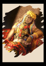 Rule 34 | 1boy, absurdres, animal ears, brown gloves, brown hair, commentary request, crop top, crowdance, dark-skinned male, dark skin, fingerless gloves, gloves, gold necklace, green eyes, highres, jewelry, leona kingscholar, lion boy, lion ears, lion mask, long hair, looking at viewer, male focus, mask, mask on head, midriff, necklace, scar, scar across eye, scar on face, shirt, sitting, skirt, sleeveless, sleeveless shirt, solo, twisted wonderland