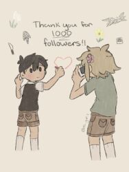 2boys antenna_hair artist_name basil_(faraway)_(omori) basil_(omori) black_eyes black_hair black_sweater_vest blonde_hair camera closed_mouth collared_shirt flower green_shirt hair_flower hair_ornament highres holding holding_camera kneehighs looking_at_another male_focus milestone_celebration ms_yuri1 multiple_boys omori shirt short_hair short_sleeves socks something_(omori) sunny_(omori) sweater_vest t-shirt white_shirt white_socks